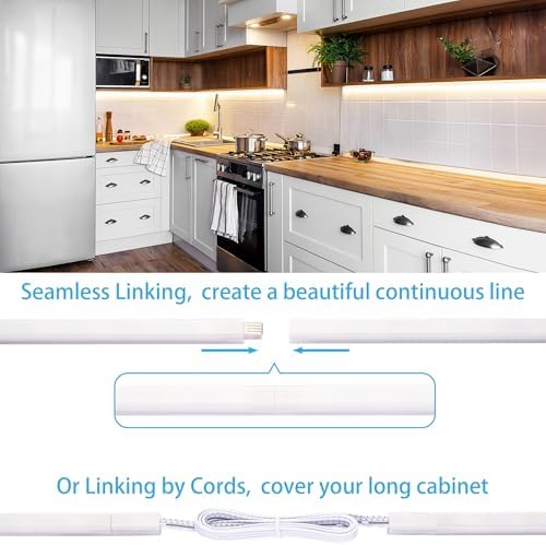 Motion Sensor Under Cabinet Lights, Plug in, Seamlessly Linkable, 6 Pcs 12 Inch Under Counter Lighting Bars for Kitchen, Closet, Gun Safe, Shelf, Display Case, LED 5000k Daylight