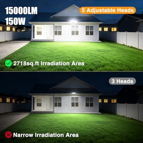 Onforu 150W 15000LM Dusk to Dawn Outdoor Lighting,5 Heads Plug in Flood Lights,6500K Super Bright Automatic Black Outdoor Lighting,IP66 Waterproof Hardwired LED Security Lights for Garage,Yard,Outside