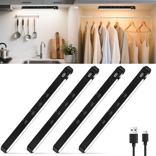 WILLED Under Cabinet & Closet Lights, Motion Sensor, Rechargeable, Magnetic, 3 Color Temps, Dimmable LED Light Bar for Indoor Kitchen Counter (4 Pack, Black)