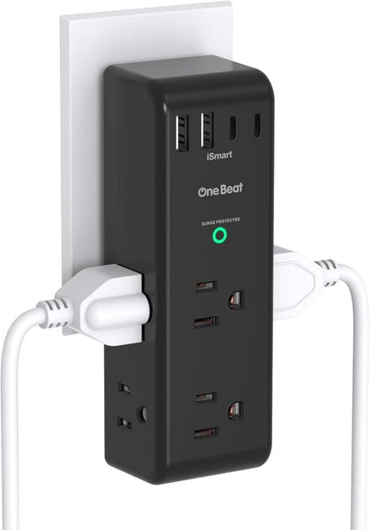 Surge Protector Outlet Extender with Rotating Plug, 6 AC Multi Plug Outlet with 4 USB Ports (2 USB C), 1800 Joules, 3-Sided Swivel Power Adapter with Spaced Outlet Splitter for Dorm, Office, Black