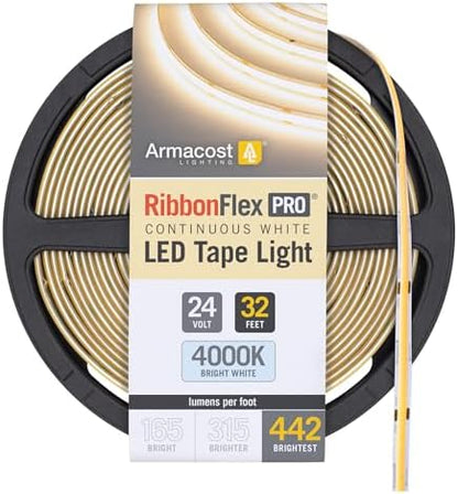 Armacost Lighting RibbonFlex Pro 24V White COB LED Strip Light Tape 4000K, 442 Lumens/Ft, 10M 173350