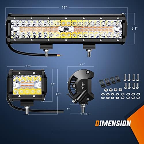 Nilight 12Inch 300W LED Light Bar 2PCS 4Inch 60W Light Pods Amber White Strobe 6 Modes Memory Function Reset Function Off Road Truck with 16AWG Wiring Harness Kit-3 Leads, 2 Years Warranty