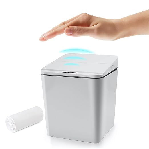 Automatic Small Countertop Trash Can with Lid, 1.5 Gal/6L Toucheless Mini Waste Bin for Office Desk/Bedside Table/Coffee Bar -Batteries, Grey