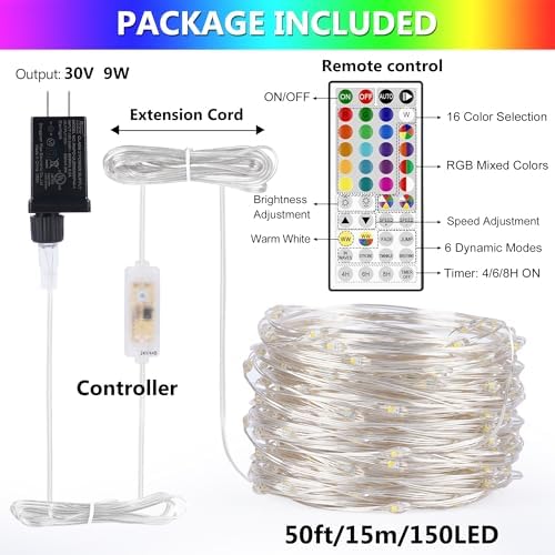 50ft Fairy Lights Plug in, Dimmable 25 Colors 14 Modes RGB+Warm White Color Changing String Lights,150LED Twinkle Lights with Remote, Christmas Fairy Lights for Indoor Outdoor Party Xmas Décor