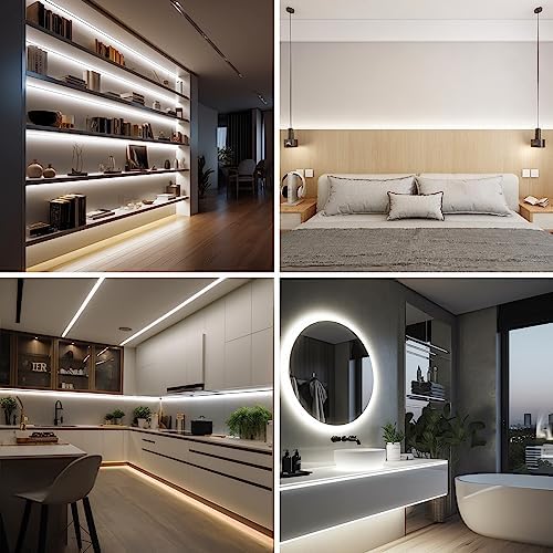 Pandery COB LED Strip 32.8ft,Dimmable Strip Lights, 6000K Daylight Super Bright LED Strip Lights, DC24V CRI90+,LED Tape Light with UL-Listed Power Supply, Indoor for Closet,Bedroom,Kitchen