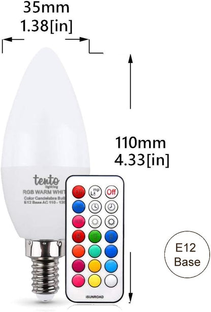tento Lighting E12 3W 250Lm Candelabra Base, Dimmable Bullet Top Multi-Colored Remote Controlled Chandelier Party Lights LED Bulb, Cool White (4600k - 6500k) (2 Pack)