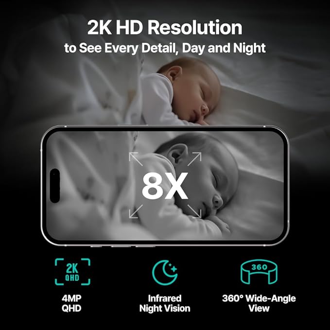 S8 2K QHD Baby Monitor Camera – Korean Privacy Certified, AI Cry Detection, 360° PTZ, Dual Wi-Fi, Night Vision, 2-Way Audio, Temp Sensor, No Subscription