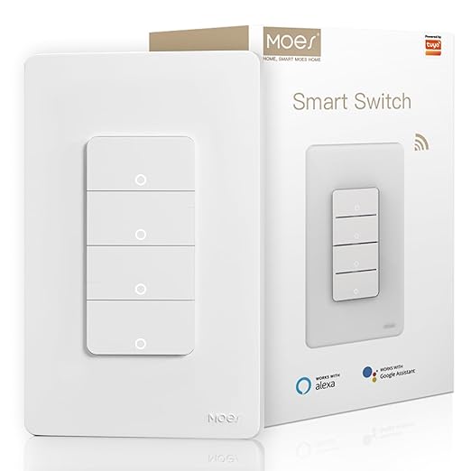 MOES Smart 4 Gang Light Switches, 2.4GHz Wi-Fi Single Pole Switch, Netural Wire Required, Inteligente Switch Combo Compatible with Alexa Google Assistant, Remote Control