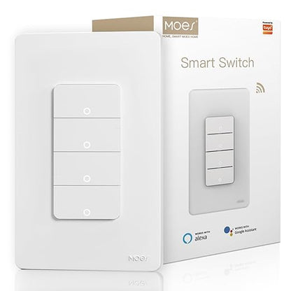 MOES Smart 4 Gang Light Switches, 2.4GHz Wi-Fi Single Pole Switch, Netural Wire Required, Inteligente Switch Combo Compatible with Alexa Google Assistant, Remote Control