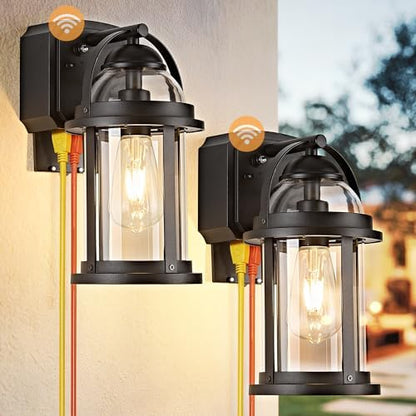 OKELI Dusk to Dawn Outdoor Wall Lights with GFCI Outlet, Waterproof Rustic Farmhouse Wall Lanterns with Clear Glass Shades, Anti-Rust Outside Fixture Lights for Garage Patio Porch, Black, 2 Pack