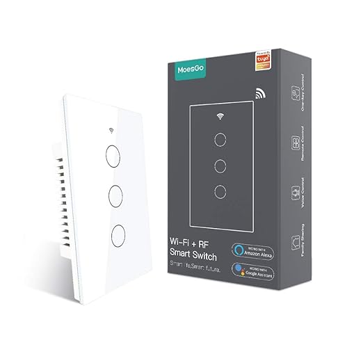 MoesGo 2nd Generation WiFi RF433 Smart Touch Wall Single Fire Smart Switch，No Neutral Wire Needed,Compatible with Smart Life/Tuya App, Works with Alexa and Google Home Single Pole 110V White 3 Gang