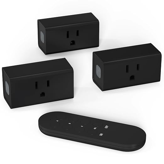 Mini Remote Control Outlet On Off Switch Plug for Christmas Lights, 260ft RF Range, Wireless Remote Light Switch 1875W/15A, Black, FCC Listed(1 Remote + 3 Outlets)