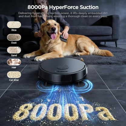 Robot Vacuum and Mop Combo, 8000Pa Strong Suction 2 in 1 Vacuum Robot with Mopping, with Schedule, Wi-Fi/App/Remote, Self-Charging, Slim, Ideal for Hard Floor, Pet Hair, Low-Pile Carpet