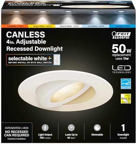 Feit Electric 4in LED Canless Recessed Downlights, 5CCT, 50W Eq, 4 Pack