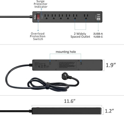 6Ft Power Strip Surge Protector - Yintar Extension Cord with 6 AC Outlets and 3 USB Ports for for Home, Office, Dorm Essentials, 1680 Joules, ETL Listed, (Black)
