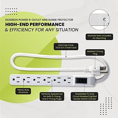Go Green Power 6-Outlet Mini Surge Protector, 90 Joules, Circuit Breaker, Mountable, White – Ideal for Computers & Home Appliances