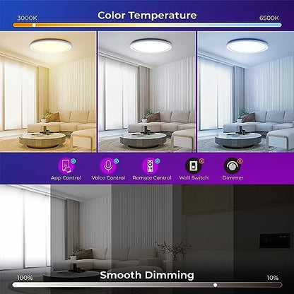 BLNAN Smart RGB LED Flush Mount Ceiling Light with Remote, 13 Inch 24W Dimmable Color Changing Low Profile Wired White Fixture, Works with Alexa Google Home App for Bedroom Living Kids Room Party