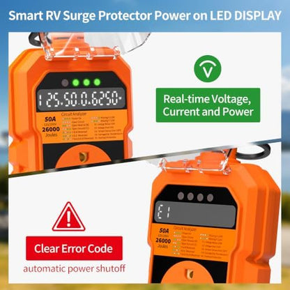 50 Amp RV Surge Protector 26000J Overload Auto Shutoff & Manual Reset