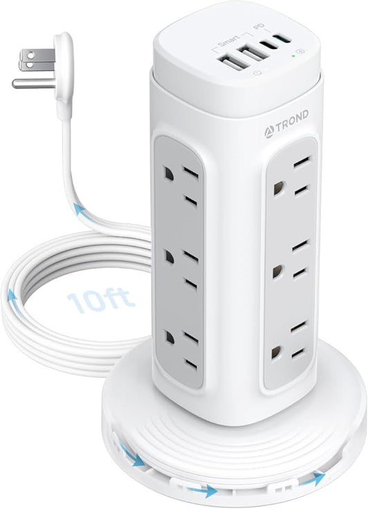 TROND Semi-Retractable Power Strip Tower - Flat Plug Surge Protector Power Strip with USB C PD 20W, 10ft Extension Cord with Multiple Outlets, 1700 Joules, Home Office Dorm Room Essentials, White