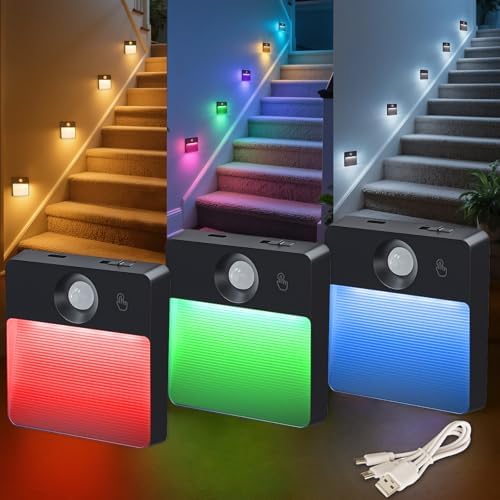 Guankai 3 Pack Motion Sensor Stair Light for Indoor, Rechargeable Battery Operated Night Lights, RGBW Stick On Closet Lamp, Motion Activated Magnetic Lighting Lamps for Step, Cabinet,Hallway,Bathroom