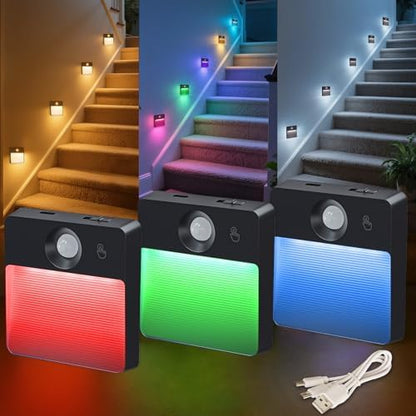 Guankai 3 Pack Motion Sensor Stair Light for Indoor, Rechargeable Battery Operated Night Lights, RGBW Stick On Closet Lamp, Motion Activated Magnetic Lighting Lamps for Step, Cabinet,Hallway,Bathroom