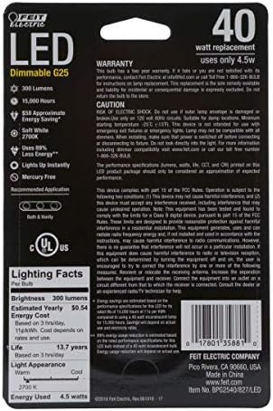 Feit Electric BPG2540/827/LED Decorative Glass Filament LED Dimmable 40W Equivalent Soft White Globe Bulb, Clear
