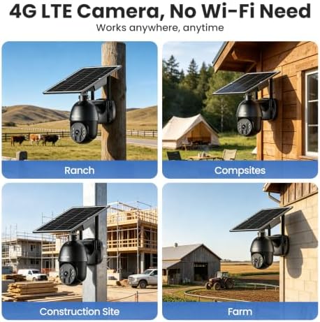 SOLIOM 4G LTE Security Camera, Solar Wireless Cellular Security Camera, 360° Pan Tilt View with Spotlight, 1080P Night Vision, 2-Way Talk, PIR Motion Sensor, No WiFi, Black