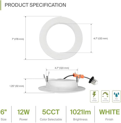 ASD 12 Pack Retrofit LED Recessed Lighting 6 Inch - 12W 2700K-5000K 971LM Flat Can Lights for Ceiling 6 Inch, Dimmable Recessed Lights, Wet Rated Wafer Lights, ETL