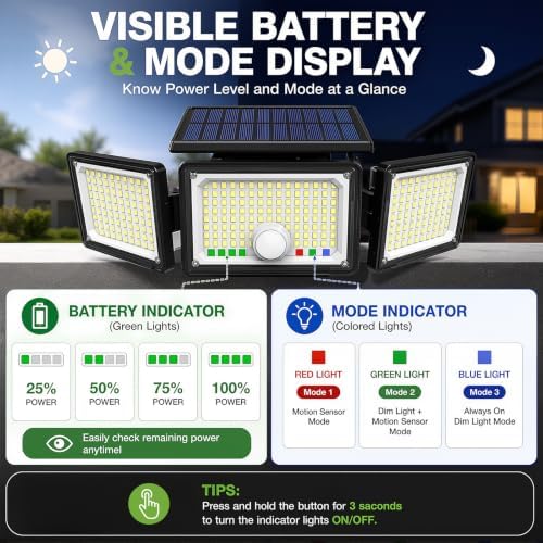 Solar Outdoor Lights Motion Sensor, 2500LM 286 LED Security Flood Lights with Visual Battery & Mode Display, 3 Lighting Modes, IP65 Waterproof 3-Head Wide Angle for Garage, Yard, Patio (6 Pack)