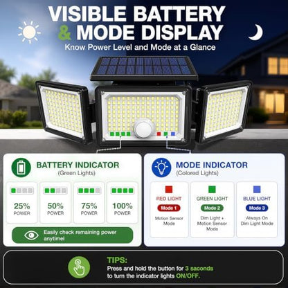 Solar Outdoor Lights Motion Sensor, 2500LM 286 LED Security Flood Lights with Visual Battery & Mode Display, 3 Lighting Modes, IP65 Waterproof 3-Head Wide Angle for Garage, Yard, Patio (6 Pack)