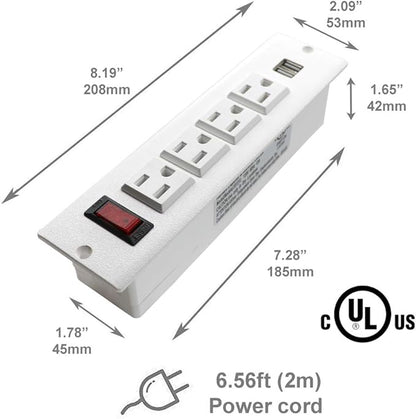 Recessed Power Strip Socket with USB Ports Mountable Desk Power Outlet Desktop Power Strip 4 AC Outlets 2 USB Ports for Conference Cabinet Sofa Countertop UL Listed