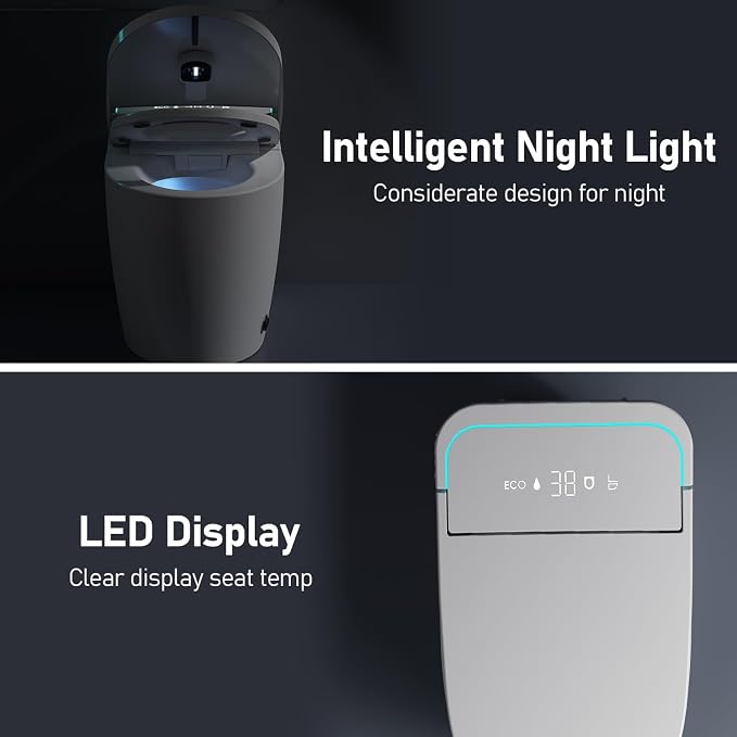 Smart Toilet with Bidet Built-in: Auto Dual Flush Bidet Toilet with Dryer, 4 Wash Options, One Piece Toilet with Child Mode, Heated Seat, Foot Sensor, UV-C Night Light, Pre Wet, Manual Lid/Seat