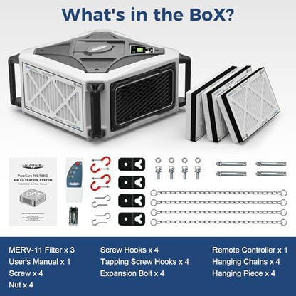 ALORAIR Hanging Intake Air Filtration Systems Woodworking 2 Stage Air Flow (580/780CFM) Remote Control, Shop Dust Collectors with Strong Vortex Fan for Garage, Work Shop, Home Use, Purecare 780