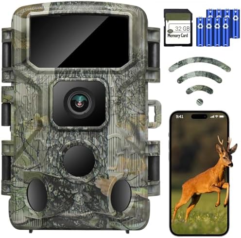 KJK Trail Camera 4K 64MP WiFi Bluetooth Game Camera, Night Vision Wildlife Hunting Camera, 0.1s Trigger Motion Activated, IP67 Waterproof, 130° Wide Angle, 32GB SD Card for Deer & Farm Security