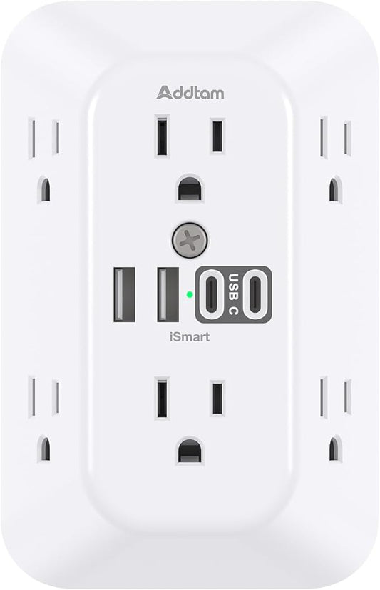 Addtam Surge Protector Outlet Extender, 6-Outlet Splitter with 4 USB Wall Charger(2 USB-C Ports), Multi Plug Wall Outlet 1800J Power Strip for Home Office Dorm Room Essentials