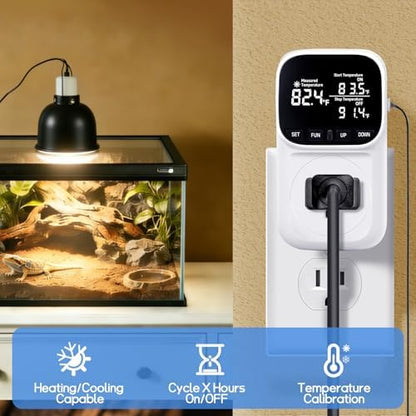 1800W Digital Thermostat for Reptile Tank, -40℉~210℉, Plug in Thermostat for Heater/Greenhouse with 5m/2m Cable, 15A Temperature Controlled Outlet with VA Display, Temp ±0.1°F, White