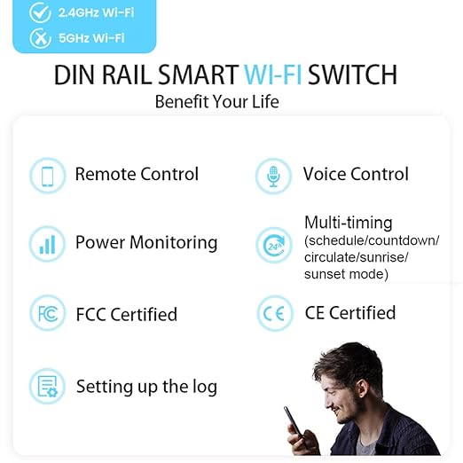 TONGOU DIY 1P+N Smart Wi-Fi Switch, Work with Alexa and Google Assistant for Voice Control, 32A with Energy Monitor, Smart Life/Tuya APP Remote Control, Timer Functions, DIN Rail Mounted,FCC Certified