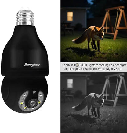 Energizer Smart Outdoor 2K QHD Security Socket Camera, 5GHz & 2.4 GHz Dual Band, Pan & Tilt Motion Tracking, 2-Way Audio, Night Vision, Recording, Instant Alerts, Voice Control with Google & Alexa,