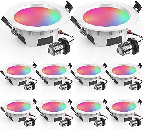 4" Smart Recessed Lighting 10 Pack, Multicolorred, Dimmable, 2700K~6500K, CRI80+, 4 Inch Color Changing Bluetooth Mesh LED Ceiling Light, RGB Canless Retrofit LED Downlight