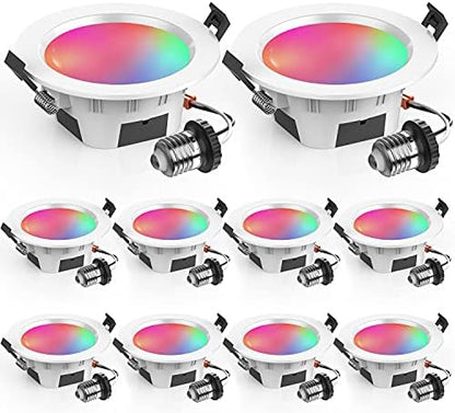 4" Smart Recessed Lighting 10 Pack, Multicolorred, Dimmable, 2700K~6500K, CRI80+, 4 Inch Color Changing Bluetooth Mesh LED Ceiling Light, RGB Canless Retrofit LED Downlight