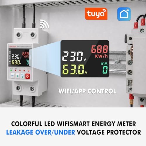Colorful LED WiFi Smart Energy Meter, AC 63A 220VAC WiFi Earth Leakage Over Under Voltage Protector, Circuit Breaker Din Rail, Electricity Energy Monitor APP Remote Control Smart Life