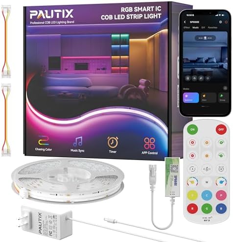 PAUTIX COB LED Strip Lights Pro, UL-Listed RGB Smart IC Chasing Color Addressable COB LED Tape Light, Music Sync Flexible RGB LED Lights, Smart Strip Light, for Party, Bedroom, Color Changing, 6.56ft