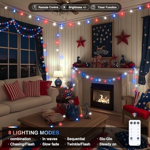JMEXSUSS Connectable 33ft 100 LED Red White and Blue Lights Indoor Outdoor