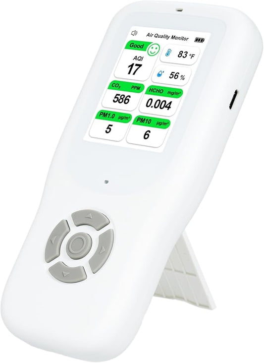 Air Quality Monitor Indoor, Handheld Air Quality Detector with Stand, Real-Time Air Meter Test AQI, PM1.0, PM2.5, PM10, CO2, TVOC, HCHO, Temperature and Humidity with Alert -White