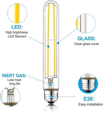 7.3 Inch E26 Led Bulb 6W Dimmable, 2700K Soft White Edison Bulbs 800LM, Equal 80 Watt Tubular T10 T9 Long Clear Glass Light Bulb for Rustic Pendant Industrial Pipe Wall Sconces - 2Pack