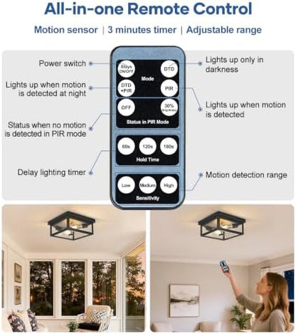 Motion Sensor Outdoor Ceiling Light with Remote, 12.2 Inch Black Flush Mount Porch Light Fixture with United Glass Cover, 5 Modes Outside Flush Mount Light for Porch, Garage, Patio, Entryway