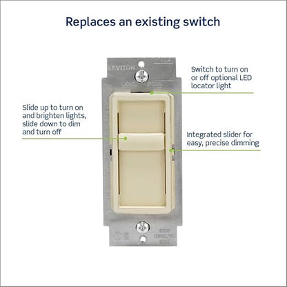 Leviton SureSlide Dimmer Switch for Dimmable LED, Halogen and Incandescent Bulbs, 6672-1LT, Light Almond