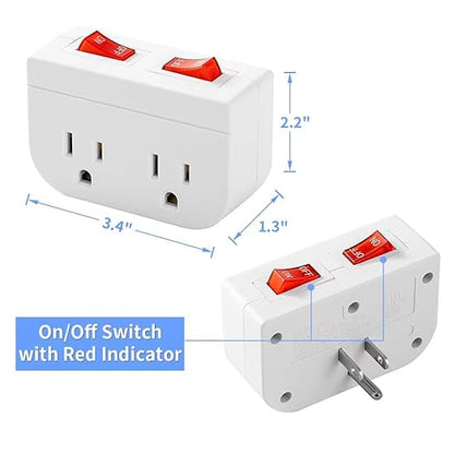 Grounded Outlet with On Off Switch, Double Port Electrical Outlet Plug Switch, for Cruise Ship, Hard-to-Reach Lamps, Kitchen Appliances, Energy Efficient, 1875W/15A, ETL Listed, White, 3 Pack