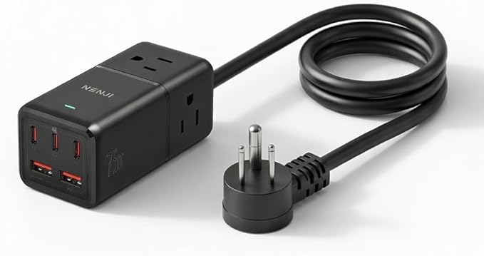 NENJI 75W GaN USB C Charger Station, Super Fast Charging 8-in-1 Power Strip with 5 USB & 3 AC Ports, Smart Charging, PD Charger for iPhone, Samsung, iPad, MacBook – Desktop & Travel-Friendly – Black