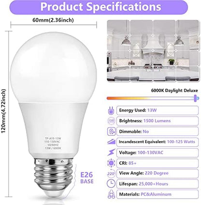 MAXvolador A19 LED Light Bulbs, 100 Watt Equivalent, Cool White 6000K, 1500LM, E26 Base, Non-Dimmable, 13W Bright White, 4-Pack
